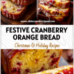 Golden loaf of Cranberry Orange Yeast Bread with orange glaze sliced on a holiday table for Easy Christmas Breads For Gifts.